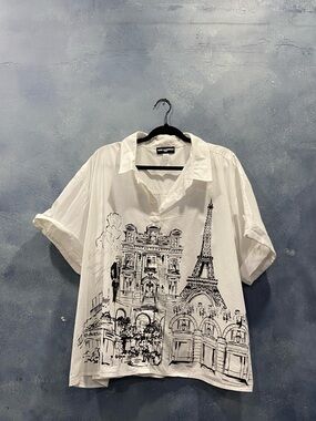 Karl Lagerfeld White Short-Sleeve Button-Down with Paris Sketch